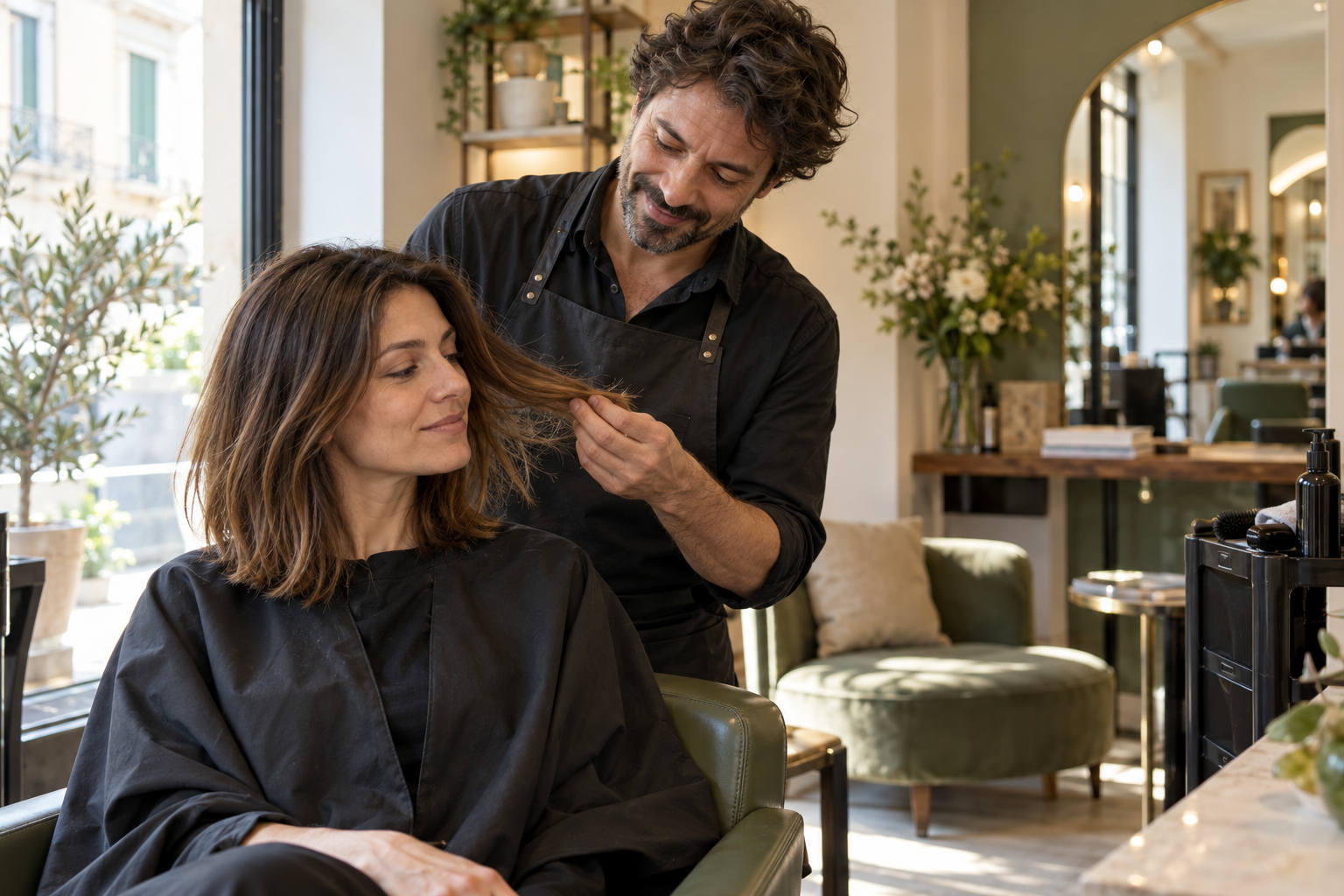 Donna e parrucchiere in salone